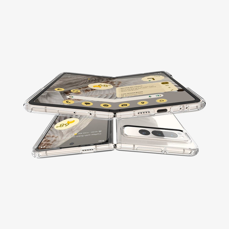 ACS05921 - Pixel Fold Series Case Ultra Hybrid in crystal clear showing the back and front of one device and another device hovering above