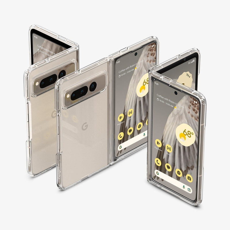 ACS05921 - Pixel Fold Series Case Ultra Hybrid in crystal clear showing the back and front of multiple devices