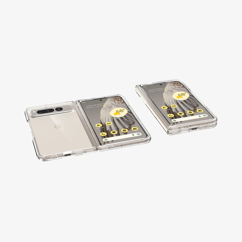 ACS05921 - Pixel Fold Series Case Ultra Hybrid in crystal clear showing the back and front of one device and front of another device
