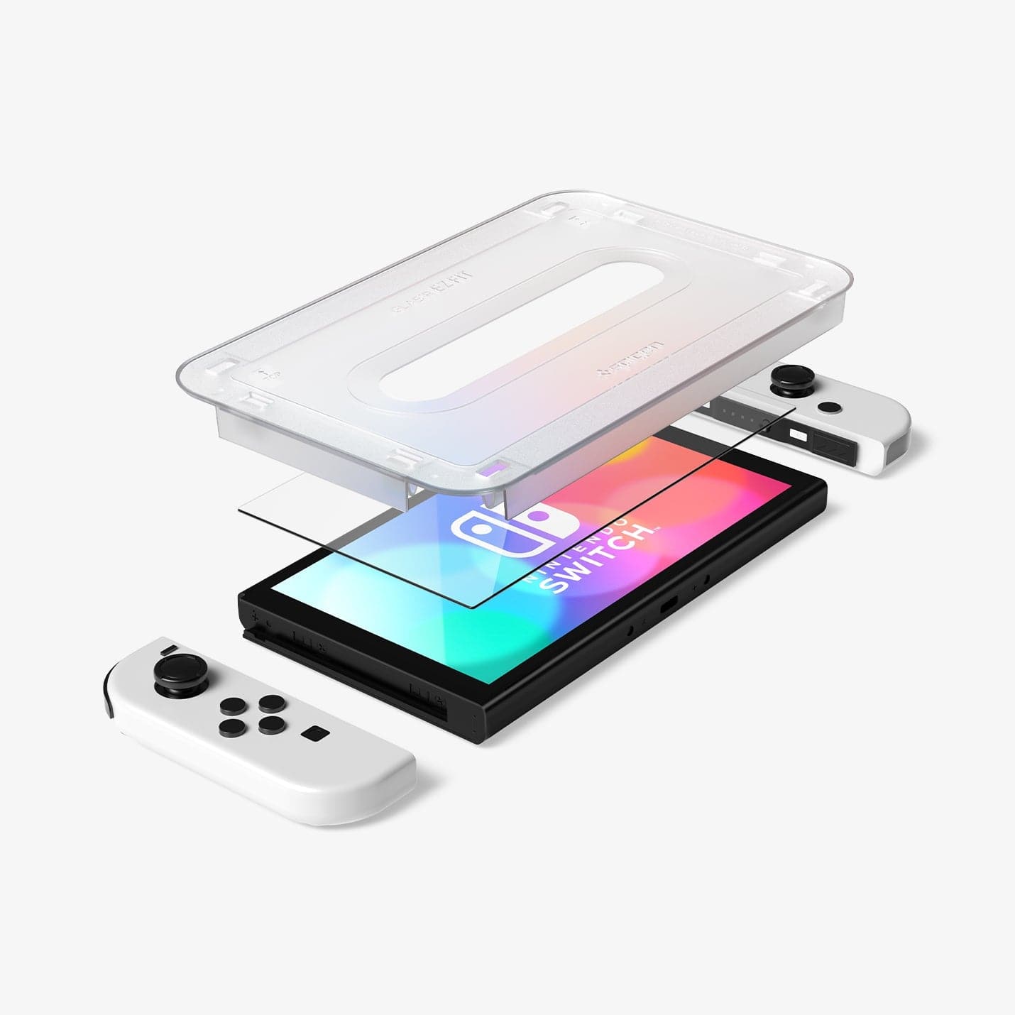 AGL03829 - Nintendo Switch OLED Screen Protector EZ Fit GLAS.tR showing the ez fit tray and screen protector hovering above the device
