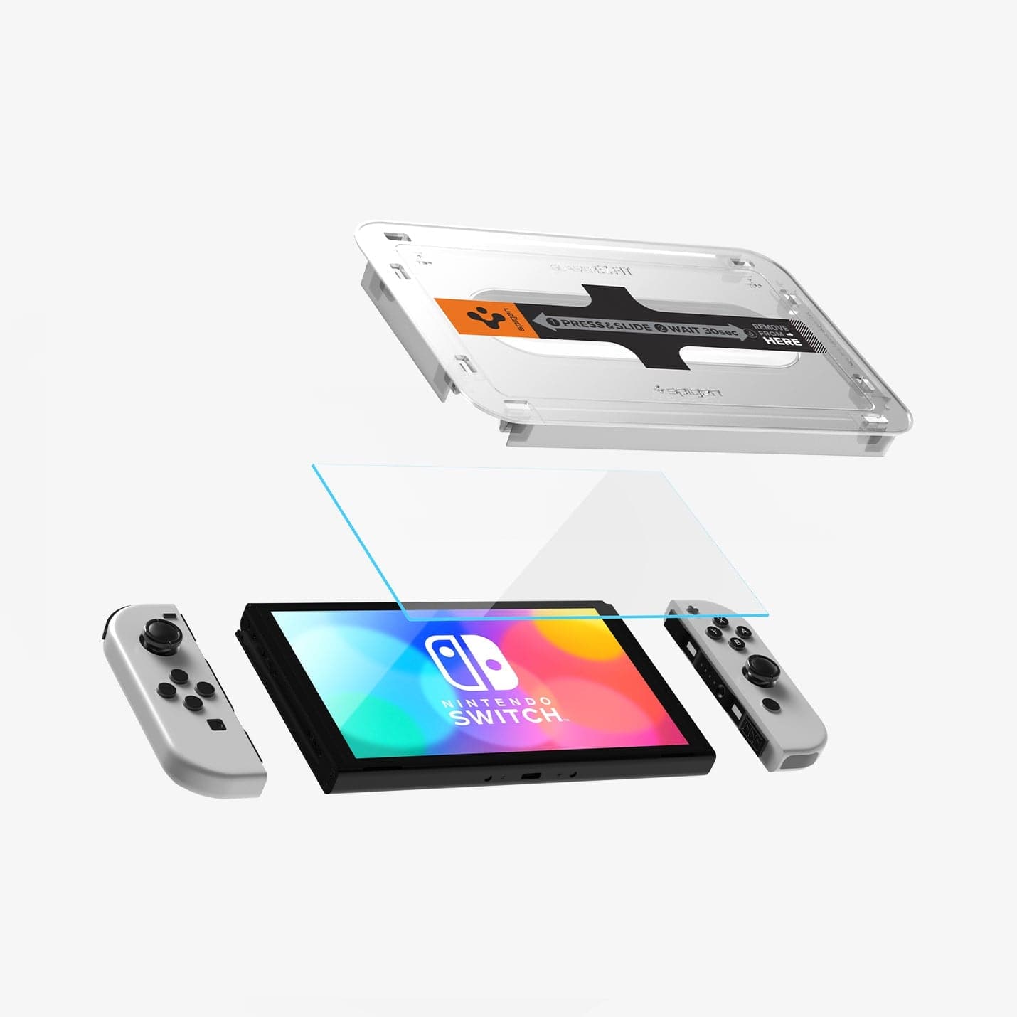 AGL03829 - Nintendo Switch OLED Screen Protector EZ Fit GLAS.tR showing the ez fit tray, screen protector and device