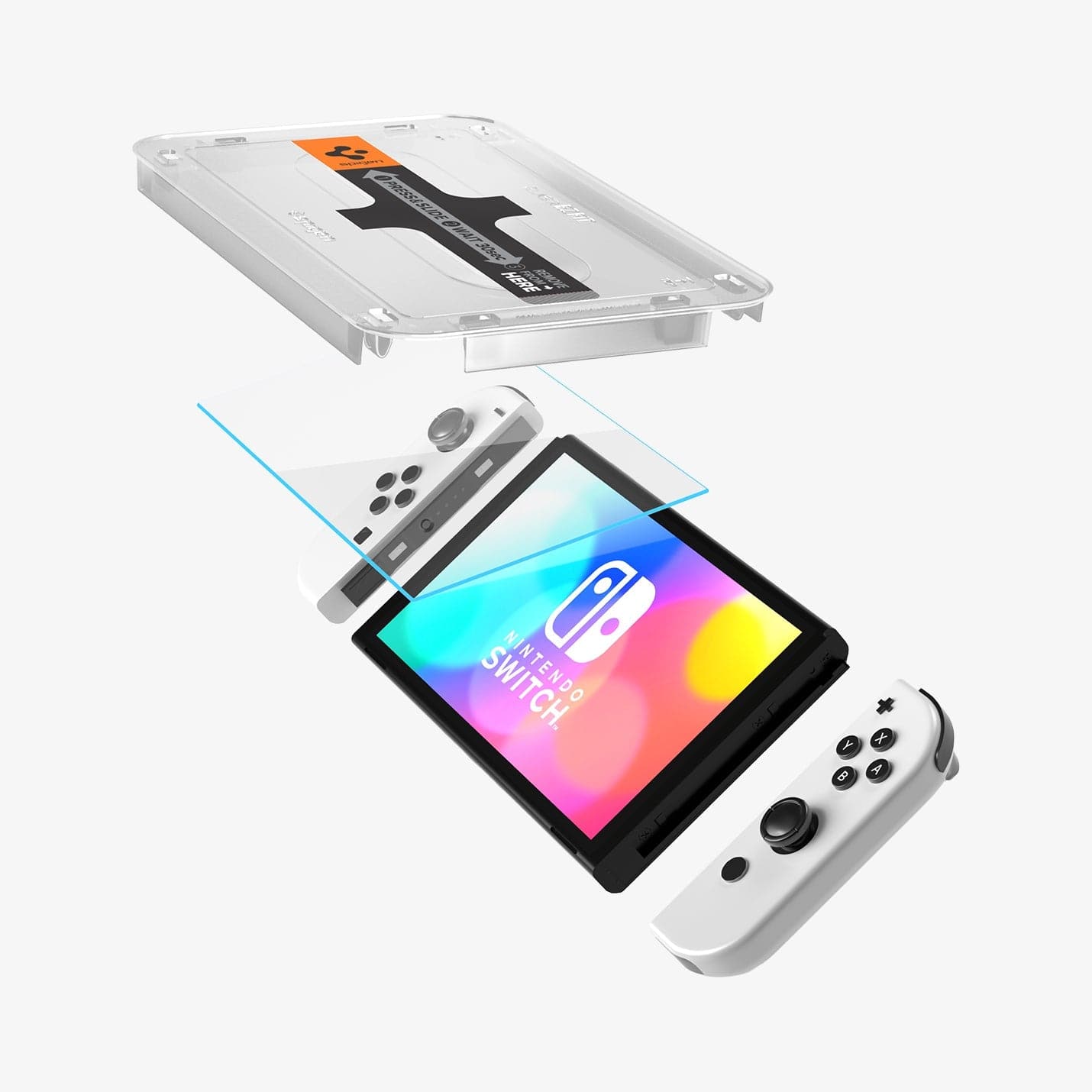 AGL03829 - Nintendo Switch OLED Screen Protector EZ Fit GLAS.tR showing the device, screen protector and ez fit tray