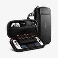 AFA04021 - Nintendo Switch OLED Rugged Armor Pro Pouch in matte black showing the front and inside with device, games, controlers and charging cable in slots