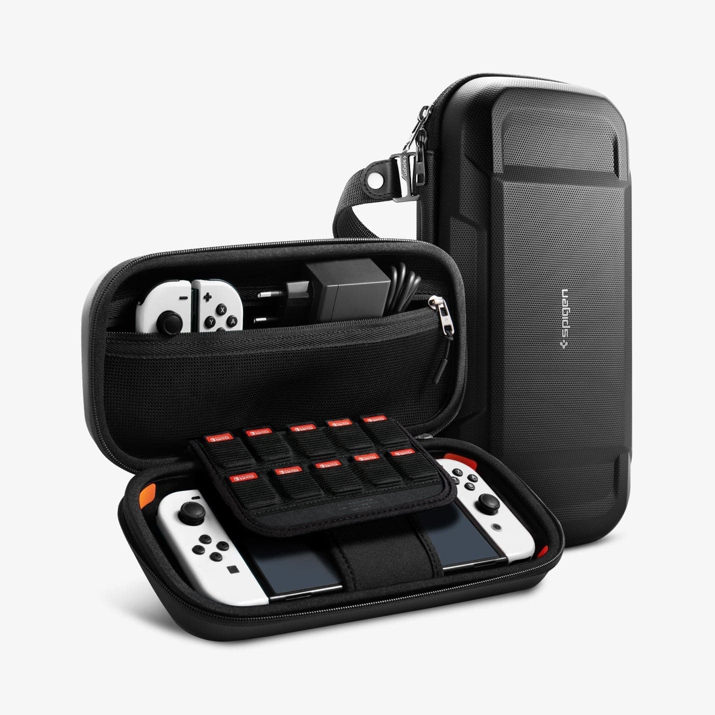 AFA04021 - Nintendo Switch OLED Rugged Armor Pro Pouch in matte black showing the front and inside with device, games, controlers and charging cable in slots