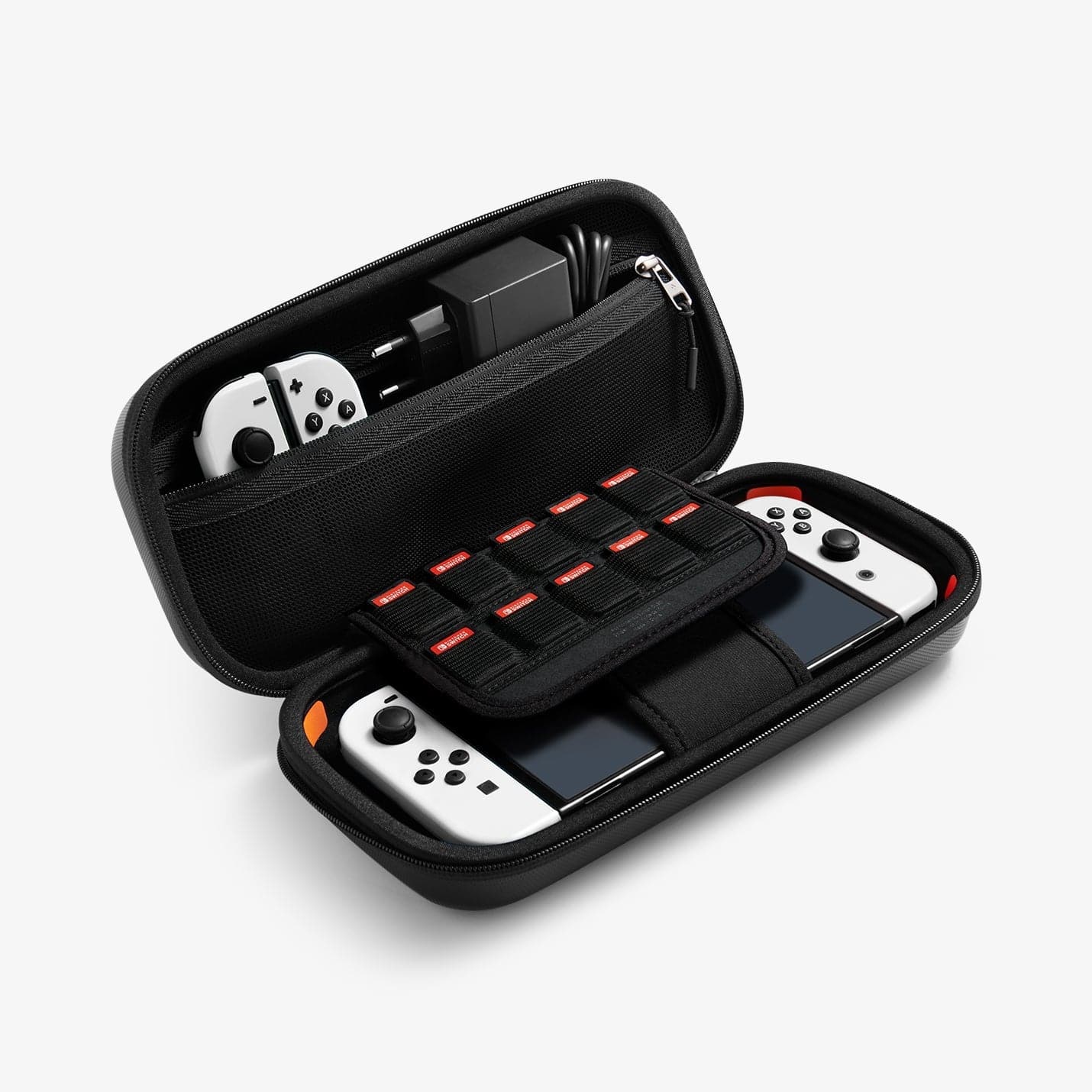 AFA04021 - Nintendo Switch OLED Rugged Armor Pro Pouch in matte black showing the inside and side with device, games, controllers and charging cable in slots