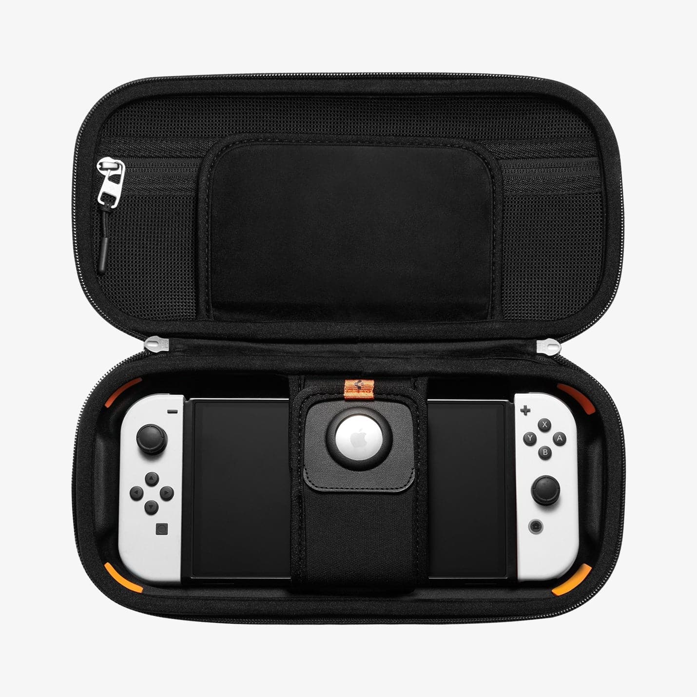 AFA04021 - Nintendo Switch OLED Rugged Armor Pro Pouch in matte black showing the inside with device in slot and airtag in slot
