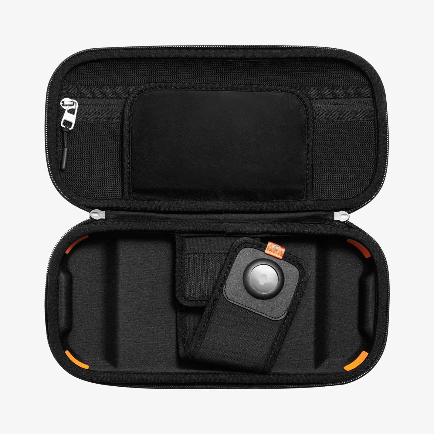 AFA04021 - Nintendo Switch OLED Rugged Armor Pro Pouch in matte black showing the inside with airtag in slot