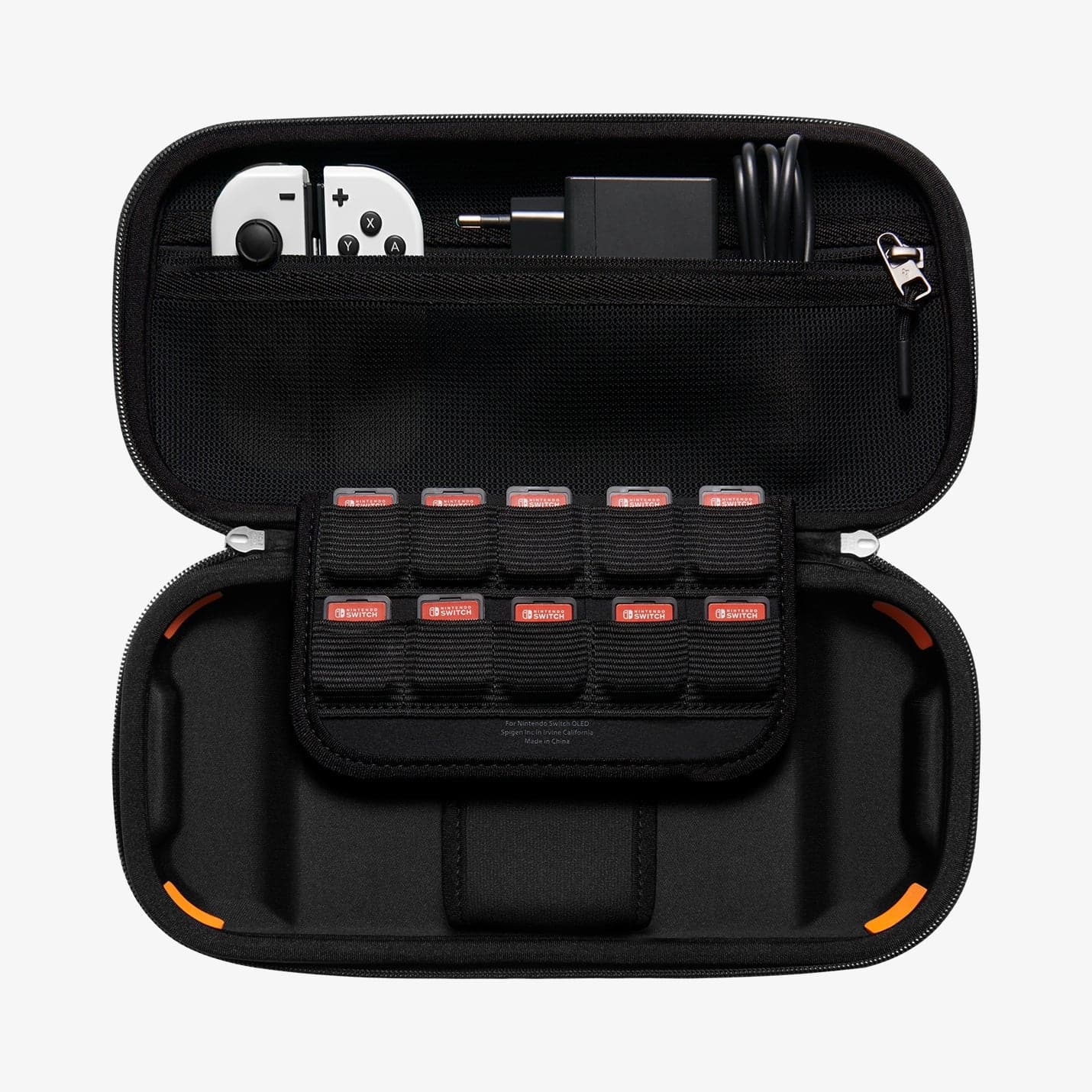 AFA04021 - Nintendo Switch OLED Rugged Armor Pro Pouch in matte black showing the inside with games, controllers and charging cable in slots