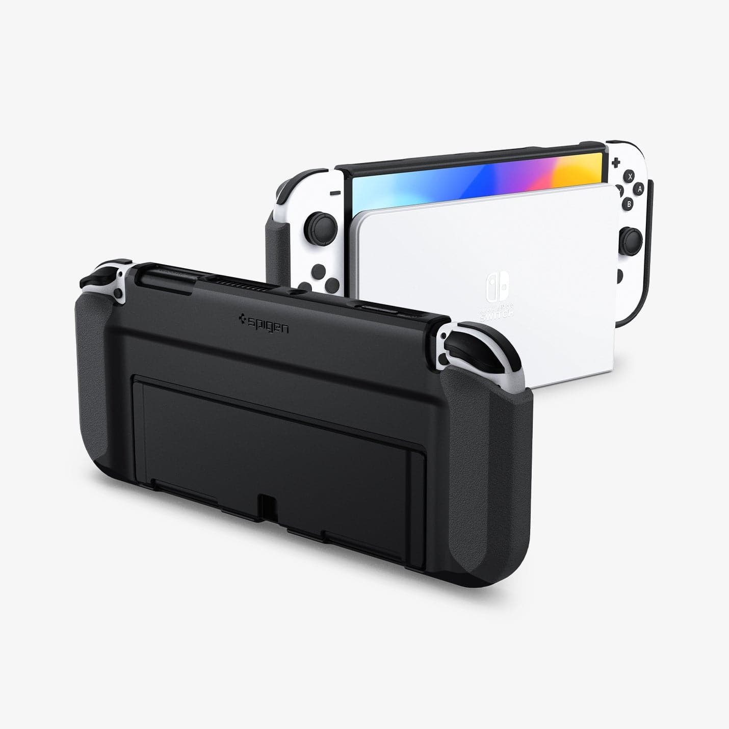 ACS04239 - Nintendo Switch OLED Case Thin Fit in black showing the back, sides and front in dock