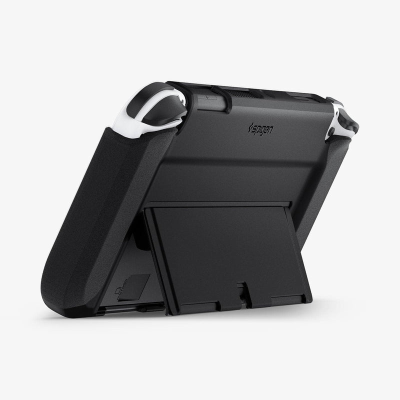 ACS04239 - Nintendo Switch OLED Case Thin Fit in black showing the back with device propped up by built in kickstand