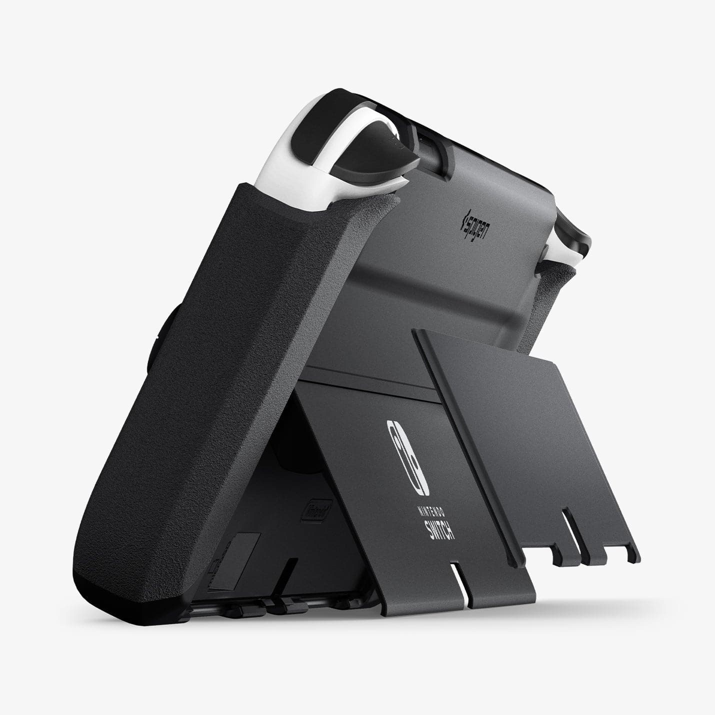 ACS04239 - Nintendo Switch OLED Case Thin Fit in black showing the back and side with device propped by built in kickstand