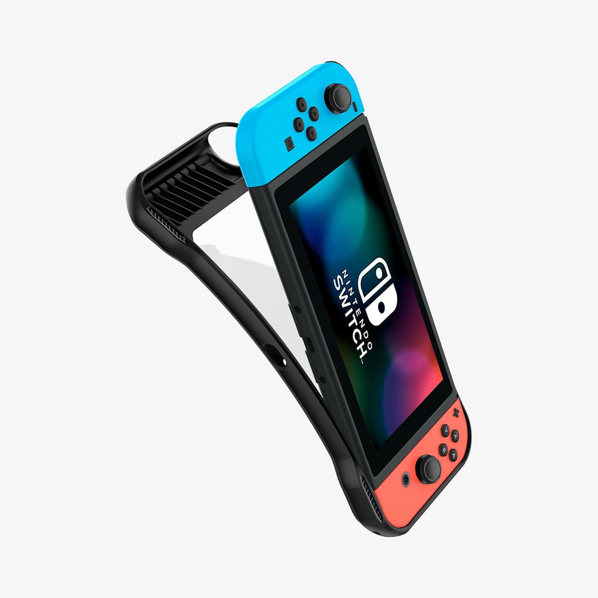 ACS01228 - Nintendo Switch Case Rugged Armor in matte black showing the case bending away from device to show the flexibility