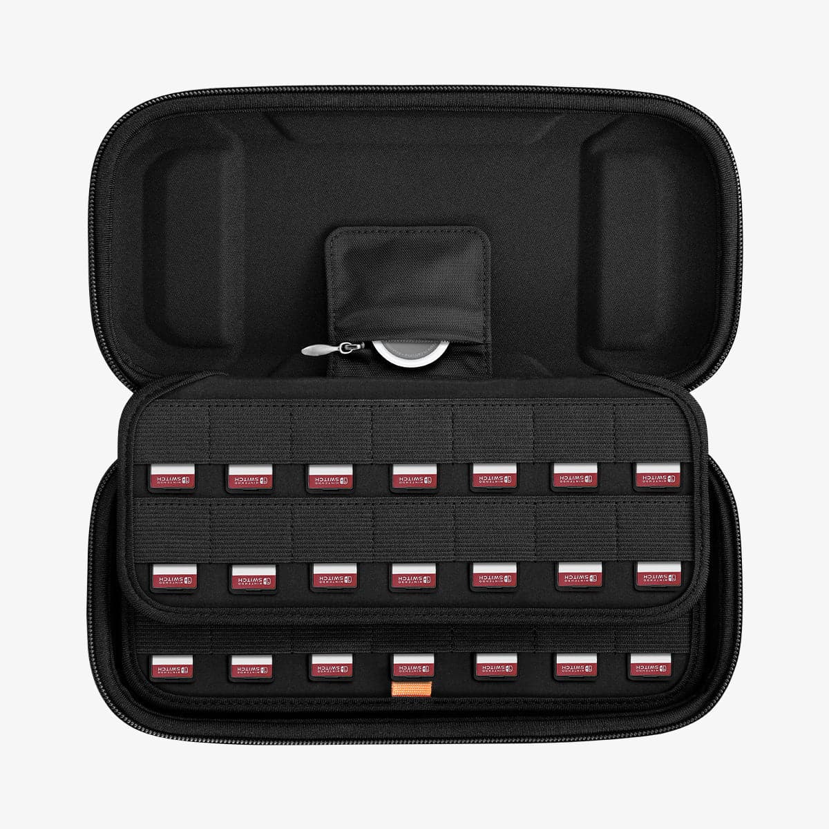 AFA04750 - Nintendo Switch Rugged Armor Pro Pouch in matte black showing the inside with games in slot and airtag sticking out of slot