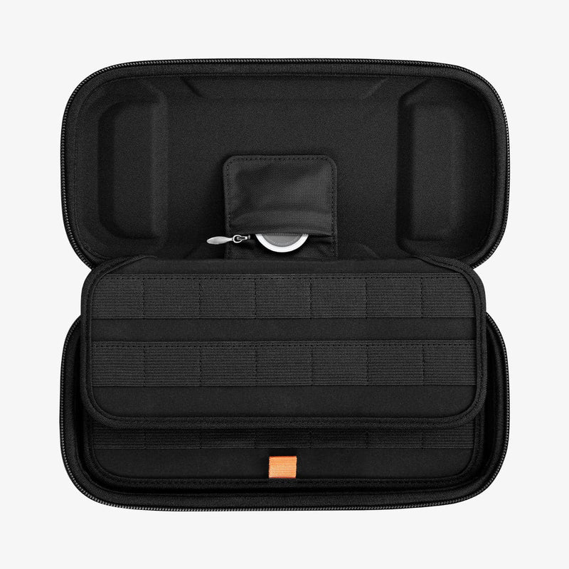 AFA04750 - Nintendo Switch Rugged Armor Pro Pouch in matte black showing the inside with airtag sticking out of slot