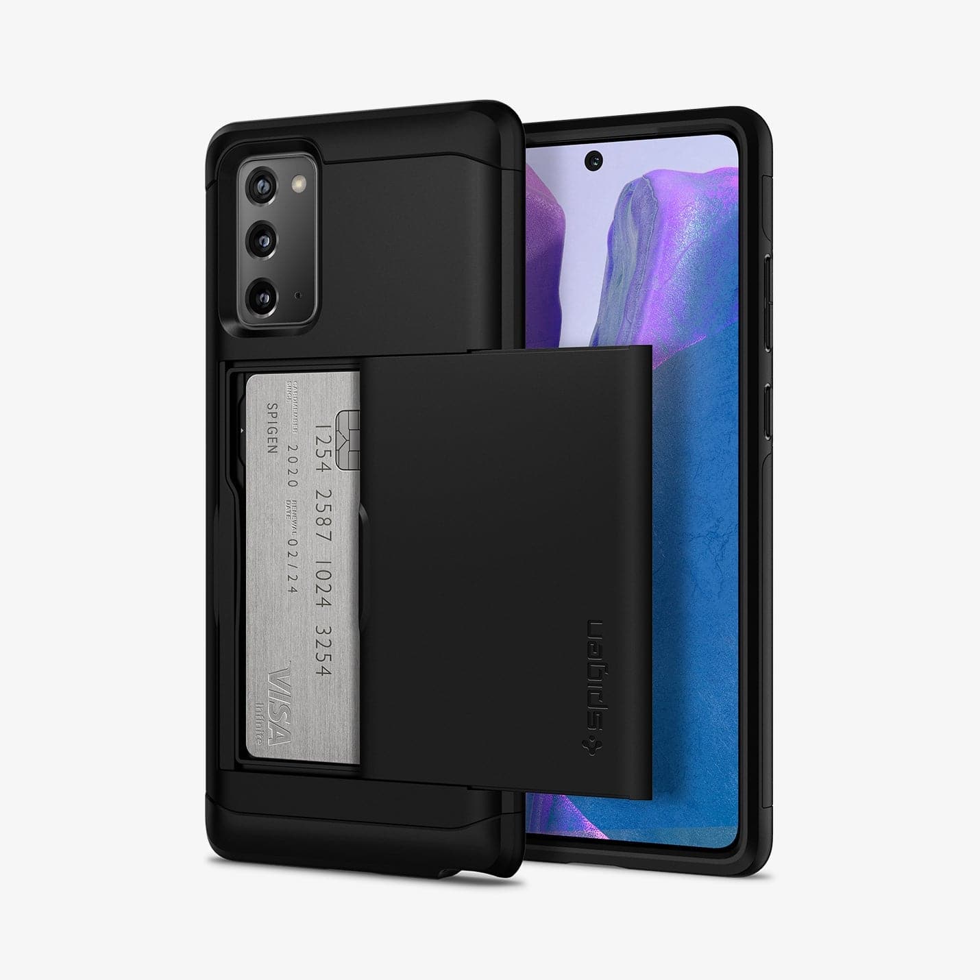 ACS01424 - Galaxy Note 20 Slim Armor CS Case in black showing the back and front with card slot open and card in slot