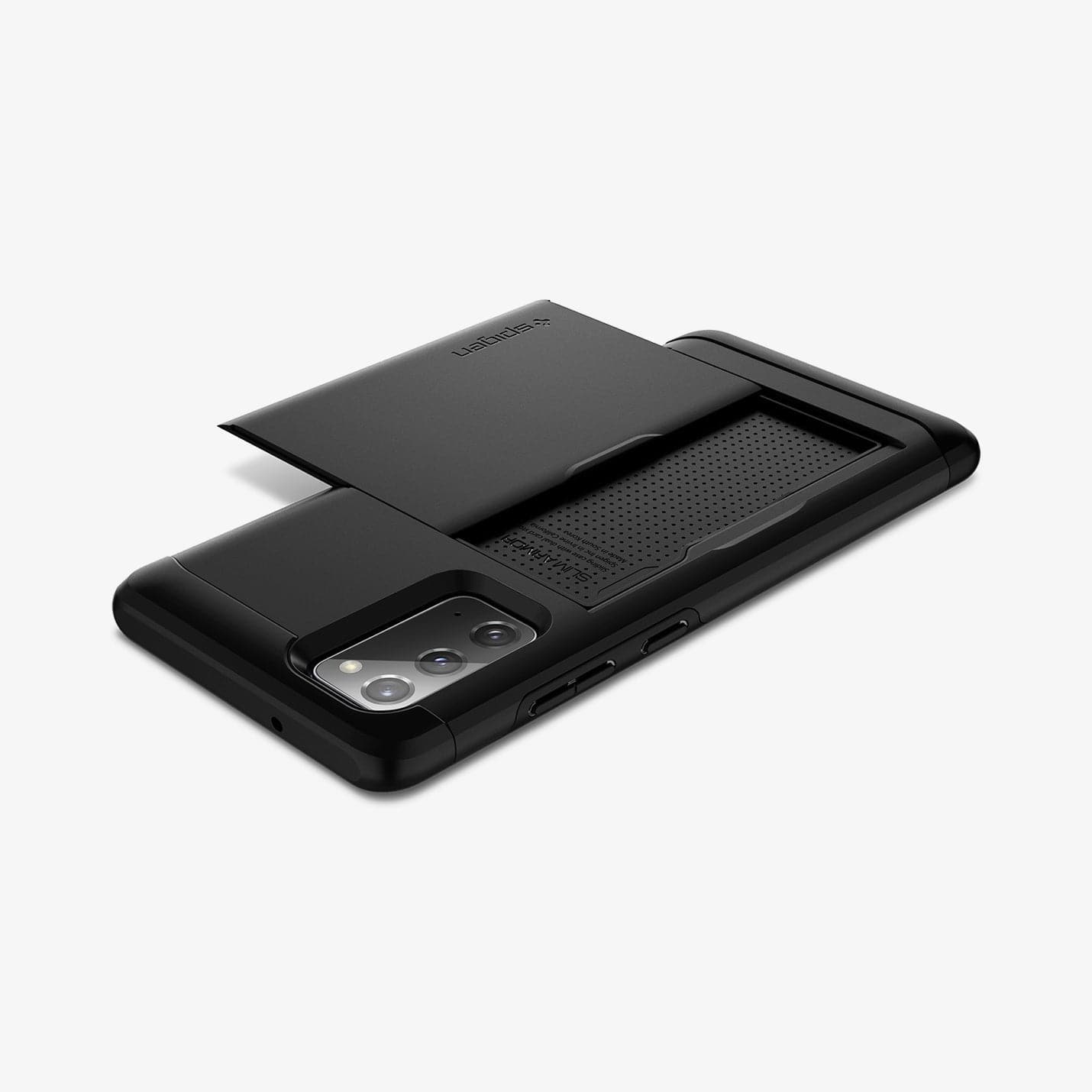 ACS01424 - Galaxy Note 20 Slim Armor CS Case in black showing the back, top and side with device laying flat and card slot open