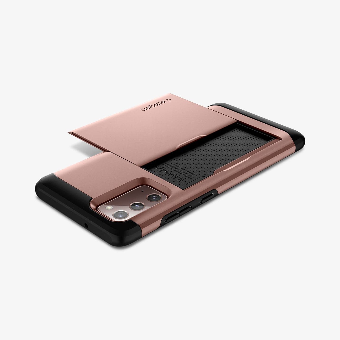 ACS01583 - Galaxy Note 20 Slim Armor CS Case in bronze showing the back, top and side with device laying flat and card slot open