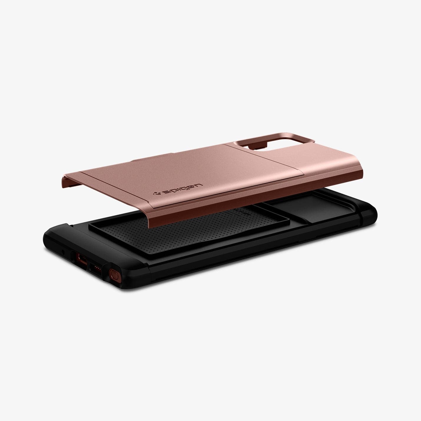 ACS01583 - Galaxy Note 20 Slim Armor CS Case in bronze showing the card slot layer hovering above the rest of the case