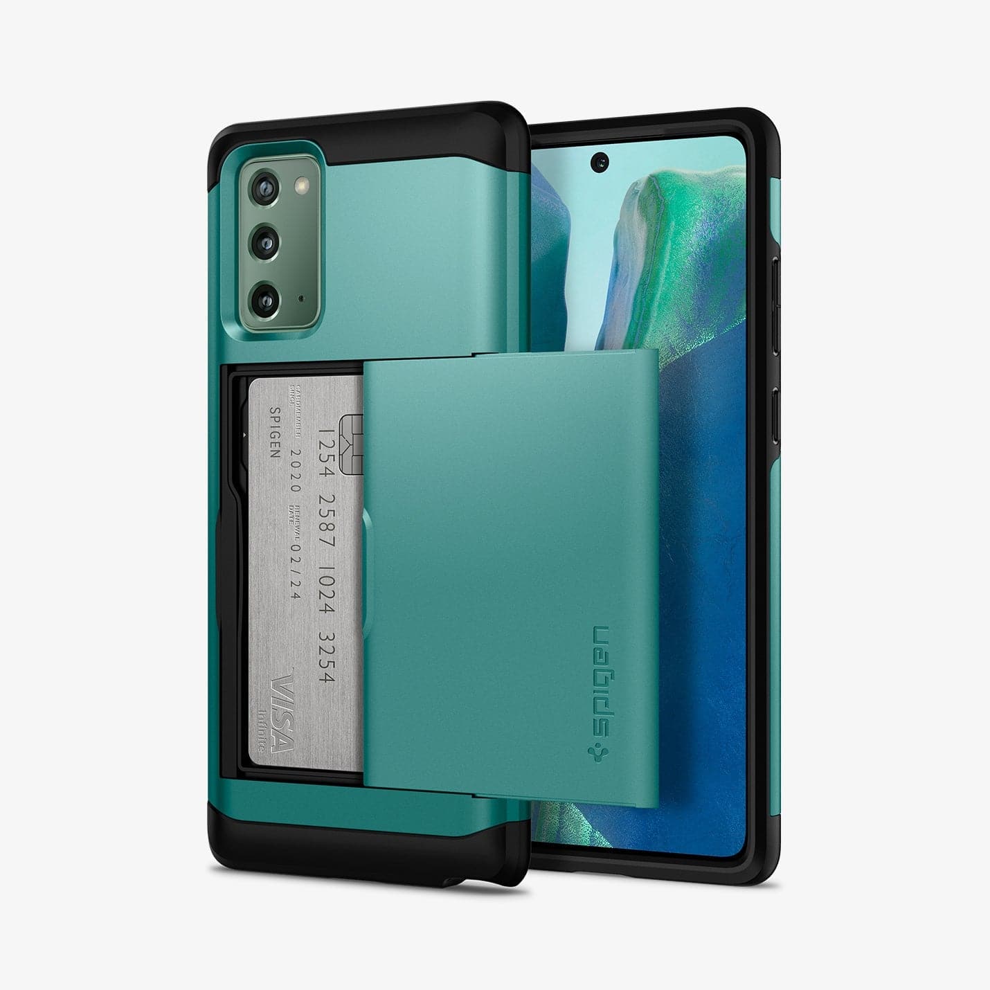 ACS01584 - Galaxy Note 20 Slim Armor CS Case in green showing the back and front with card in slot