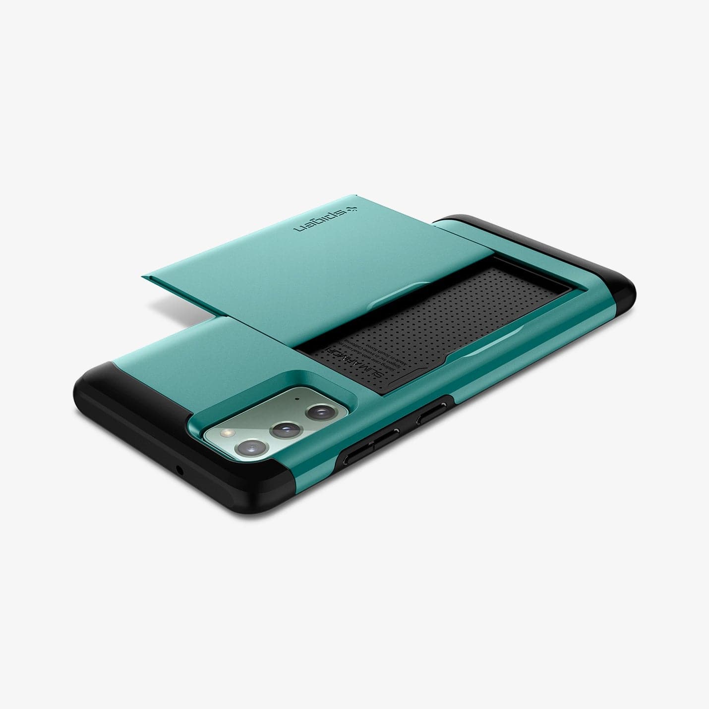 ACS01584 - Galaxy Note 20 Slim Armor CS Case in green showing the back, top and side with device laying flat and card slot open