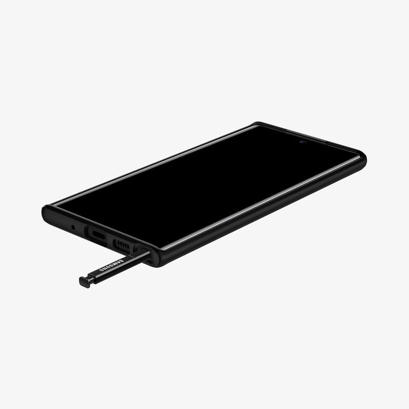 627CS27332 - Galaxy Note 10 Series Ultra Hybrid Case in crystal clear showing the front, side and bottom with s pen sticking out of slot