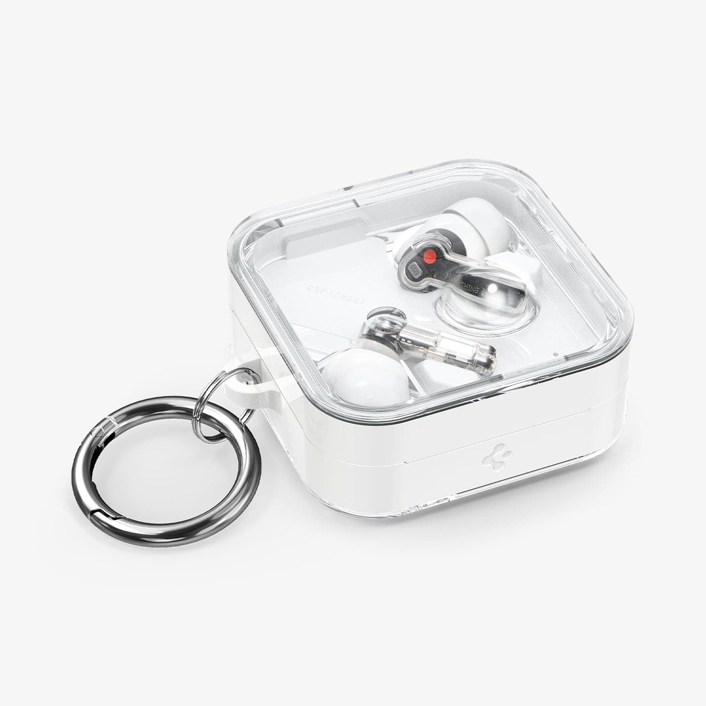 ACS06434 - Nothing Ear (2) Case Ultra Hybrid in jet white showing the top, side and carabiner
