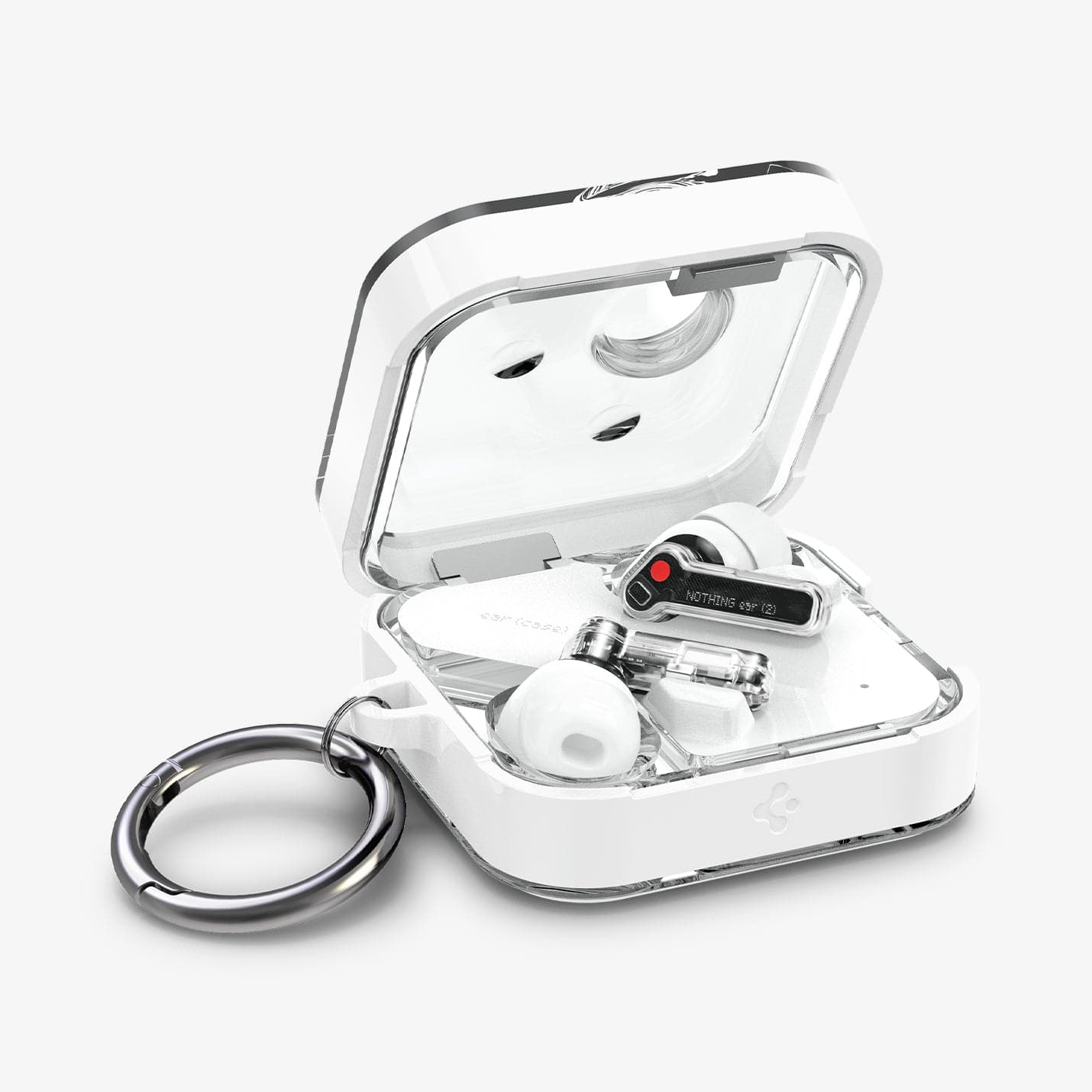 ACS06434 - Nothing Ear (2) Case Ultra Hybrid in jet white showing the top open with earbuds inside and carabiner