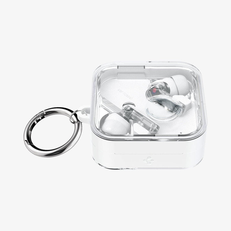 ACS06434 - Nothing Ear (2) Case Ultra Hybrid in jet white showing the top and front with carabiner