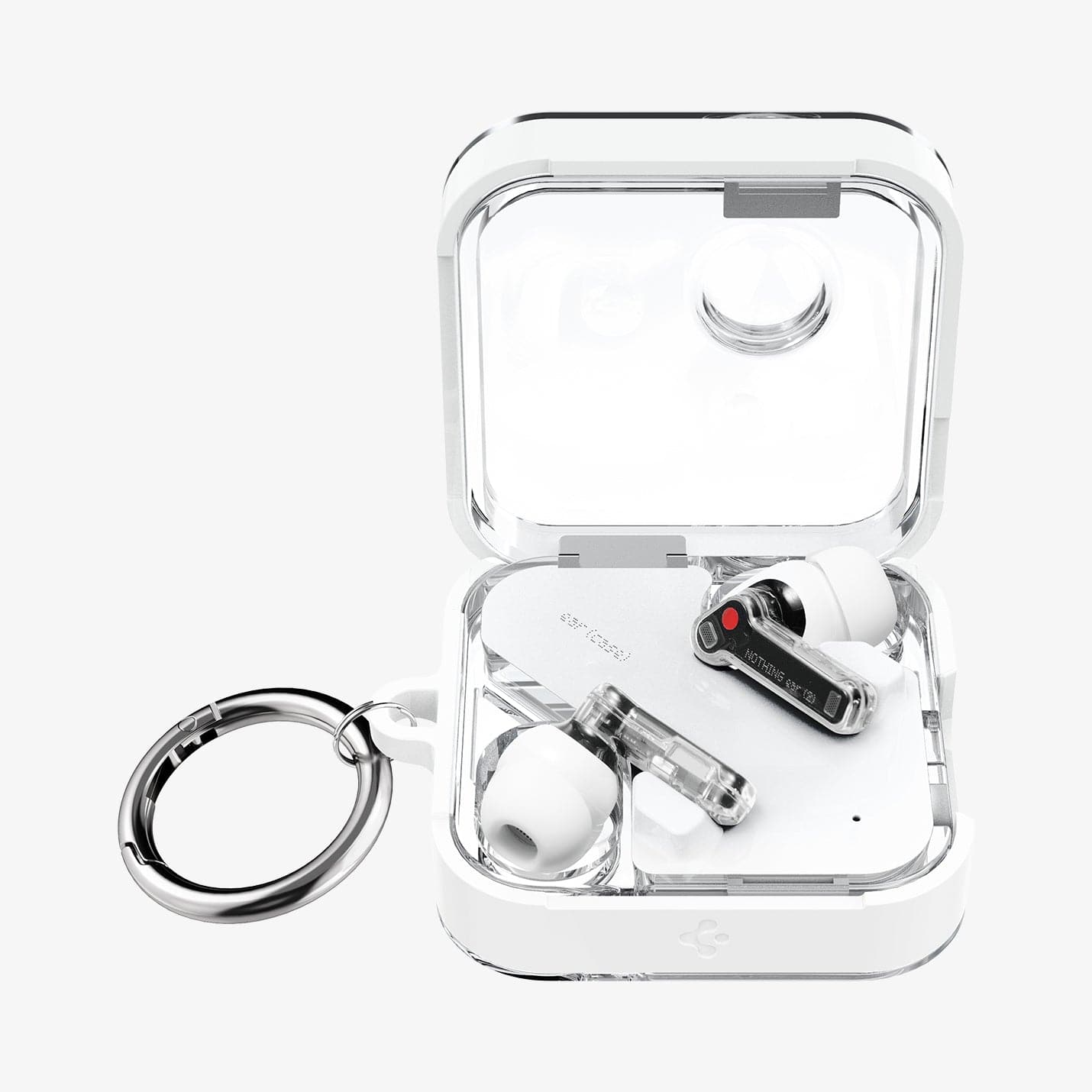ACS06434 - Nothing Ear (2) Case Ultra Hybrid in jet white showing the inside with earbuds, front and carabiner