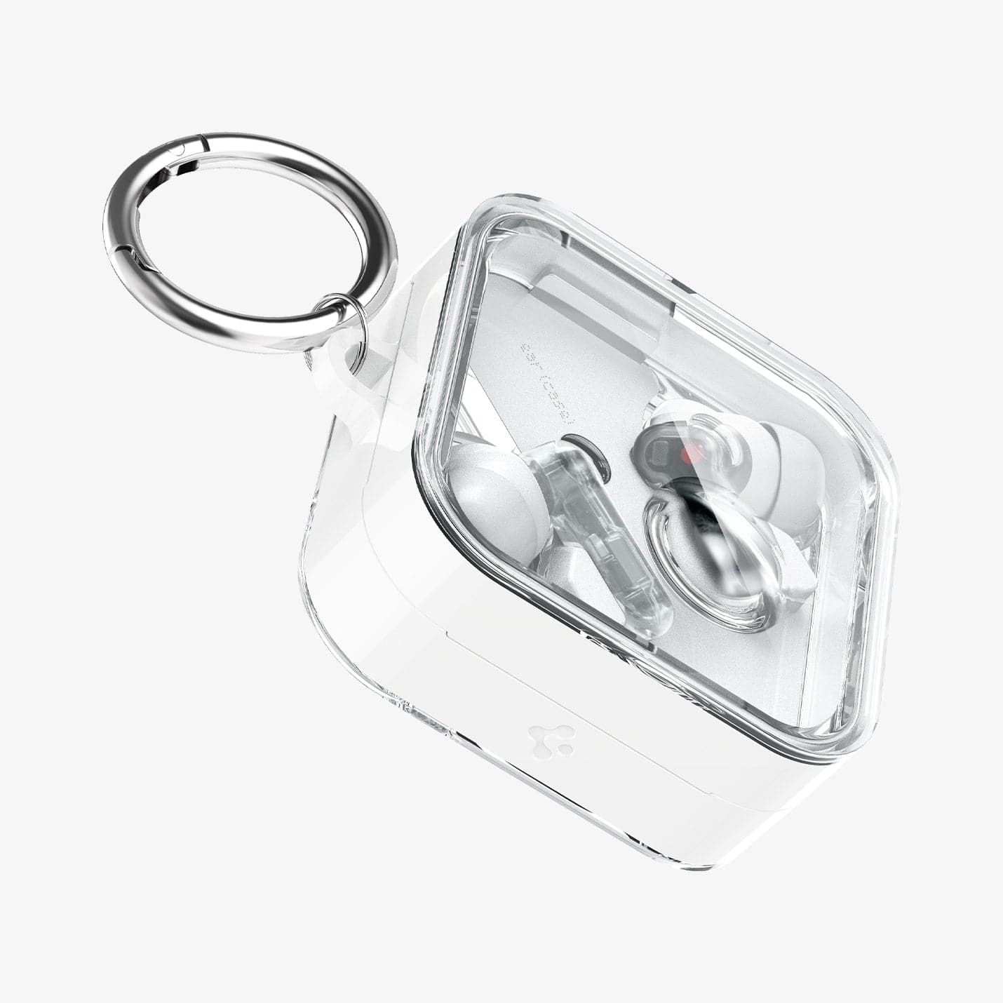 ACS06434 - Nothing Ear (2) Case Ultra Hybrid in jet white showing the top, front and partial side with carabiner