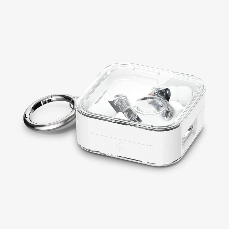 ACS06434 - Nothing Ear (2) Case Ultra Hybrid in jet white showing the top, front and side with carabiner