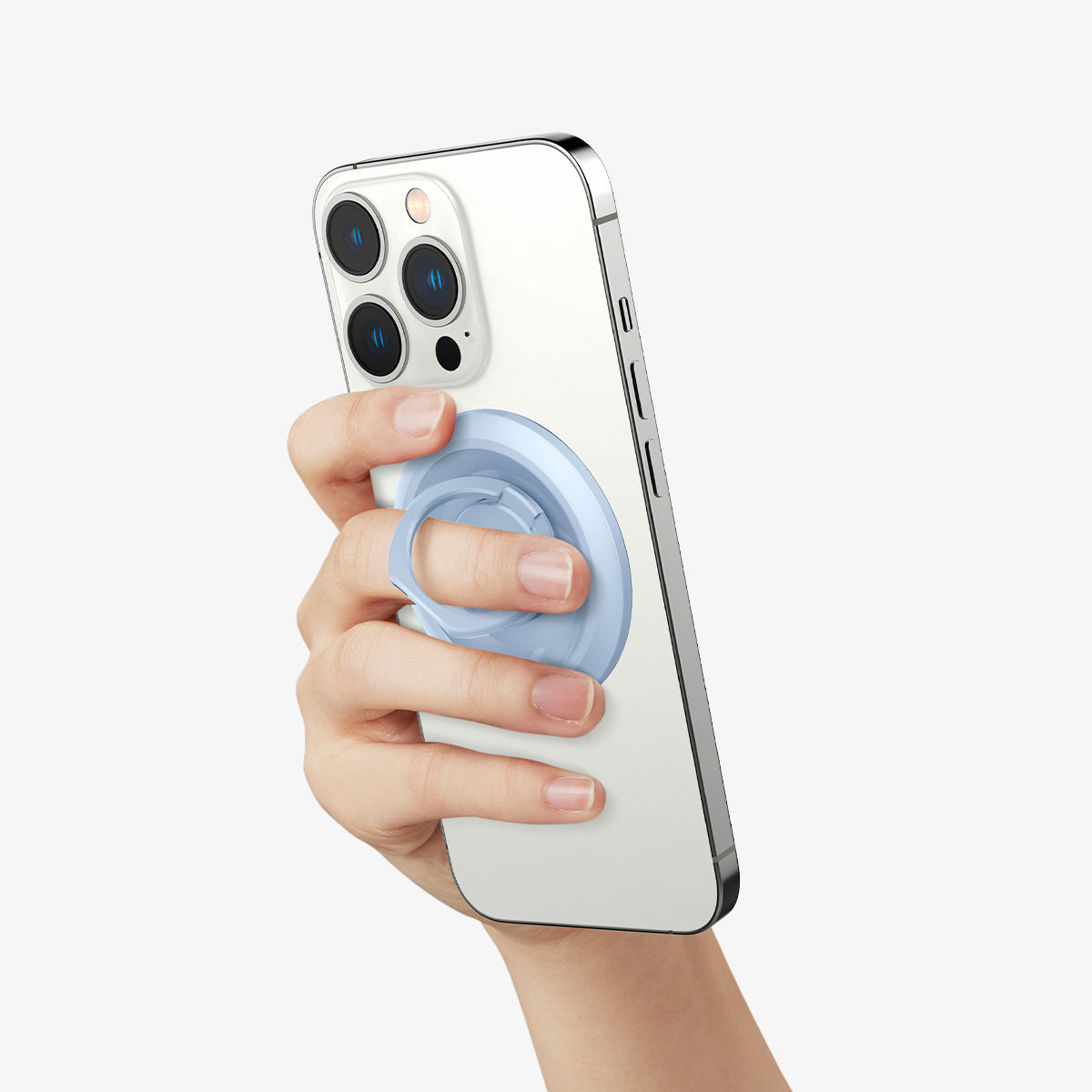 AMP05304 - O-Mag Magnetic Phone Holder (MagFit) in blue showing the O-Mag attached to the back of device and hand using the ring for stability