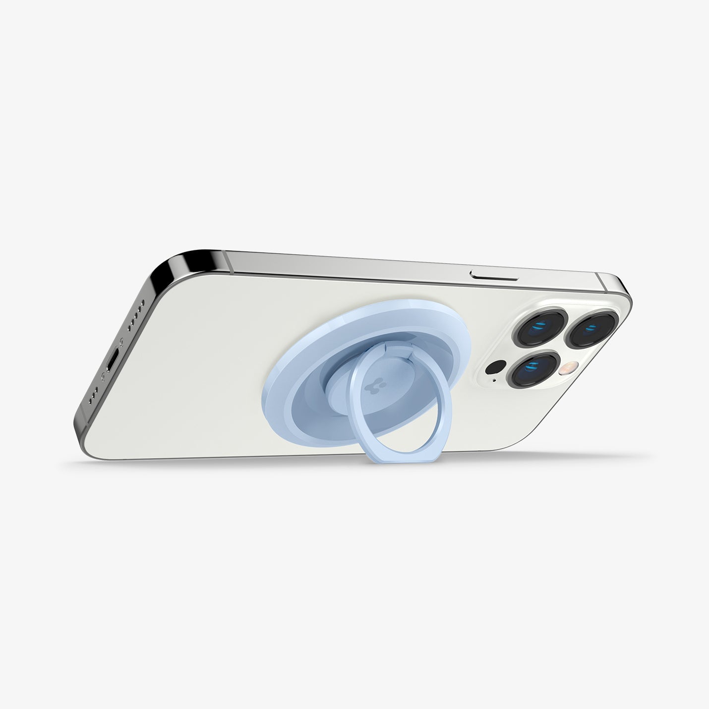 AMP05304 - O-Mag Magnetic Phone Holder (MagFit) in blue showing the device being propped up horizontally by built in kickstand