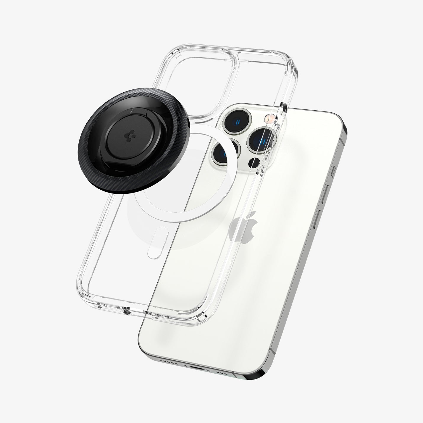 AMP05505 - O-Mag Magnetic Phone Holder (MagFit) in carbon showing the O-Mag ring, magsafe compatible case and device