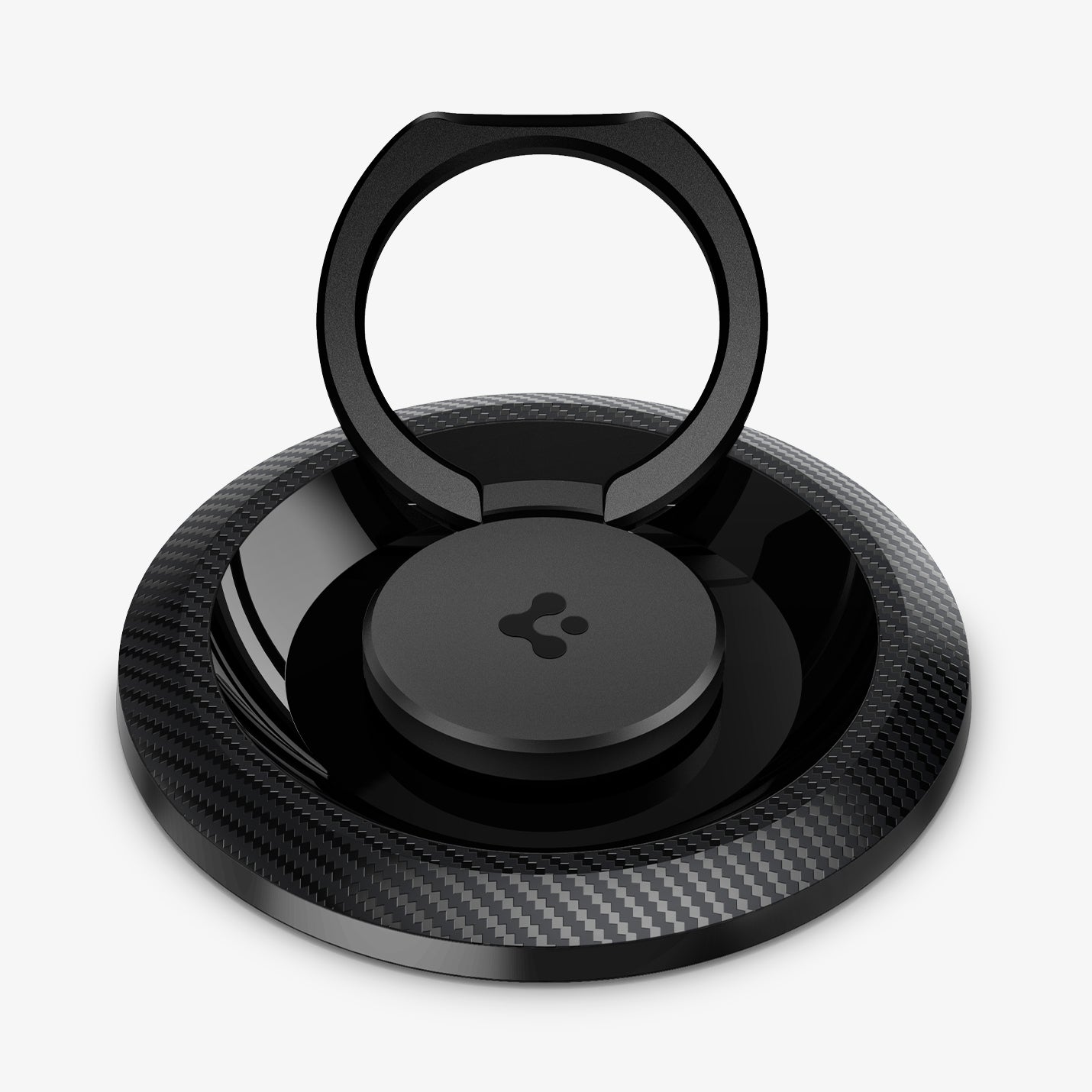 AMP05505 - O-Mag Magnetic Phone Holder (MagFit) in carbon showing the front and ring extended out upwards