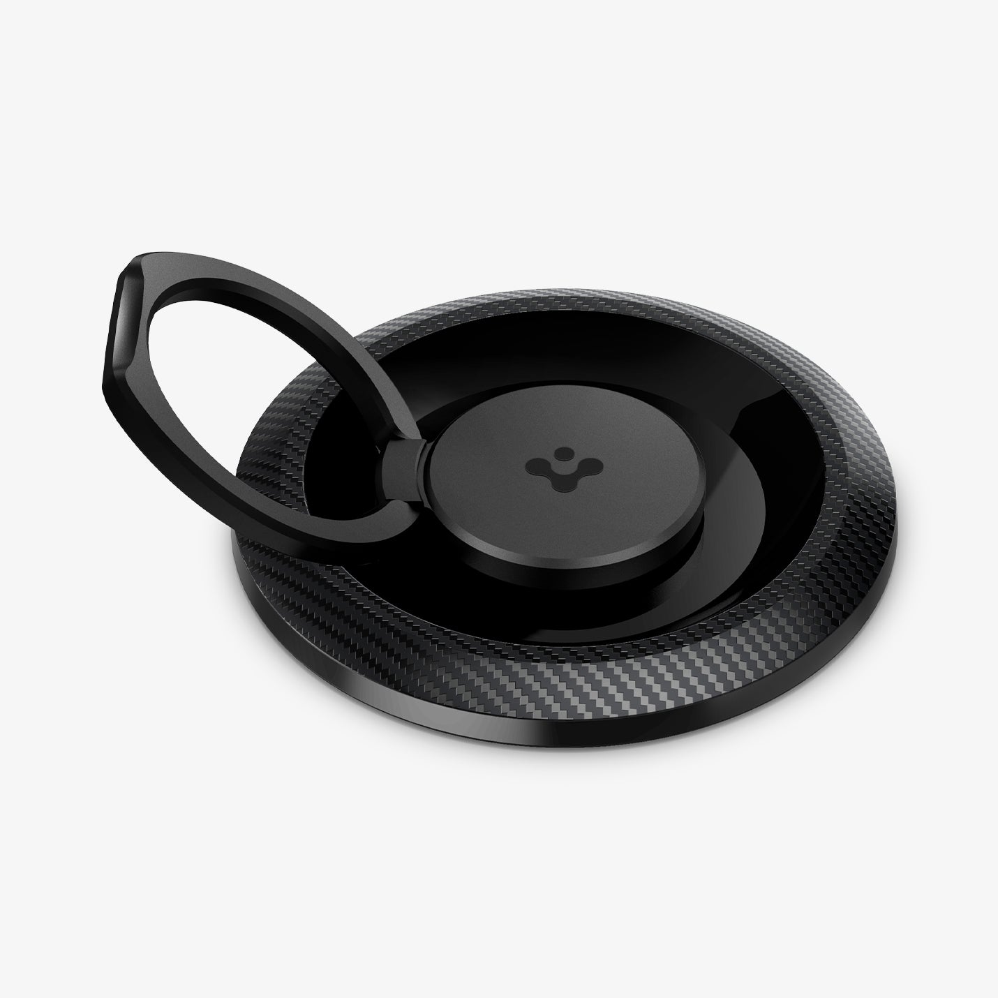 AMP05505 - O-Mag Magnetic Phone Holder (MagFit) in carbon showing the ring extended out and Spigen logo
