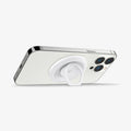 AMP05303 - O-Mag Magnetic Phone Holder (MagFit) in white showing the device being propped up horizontally by built in kickstand