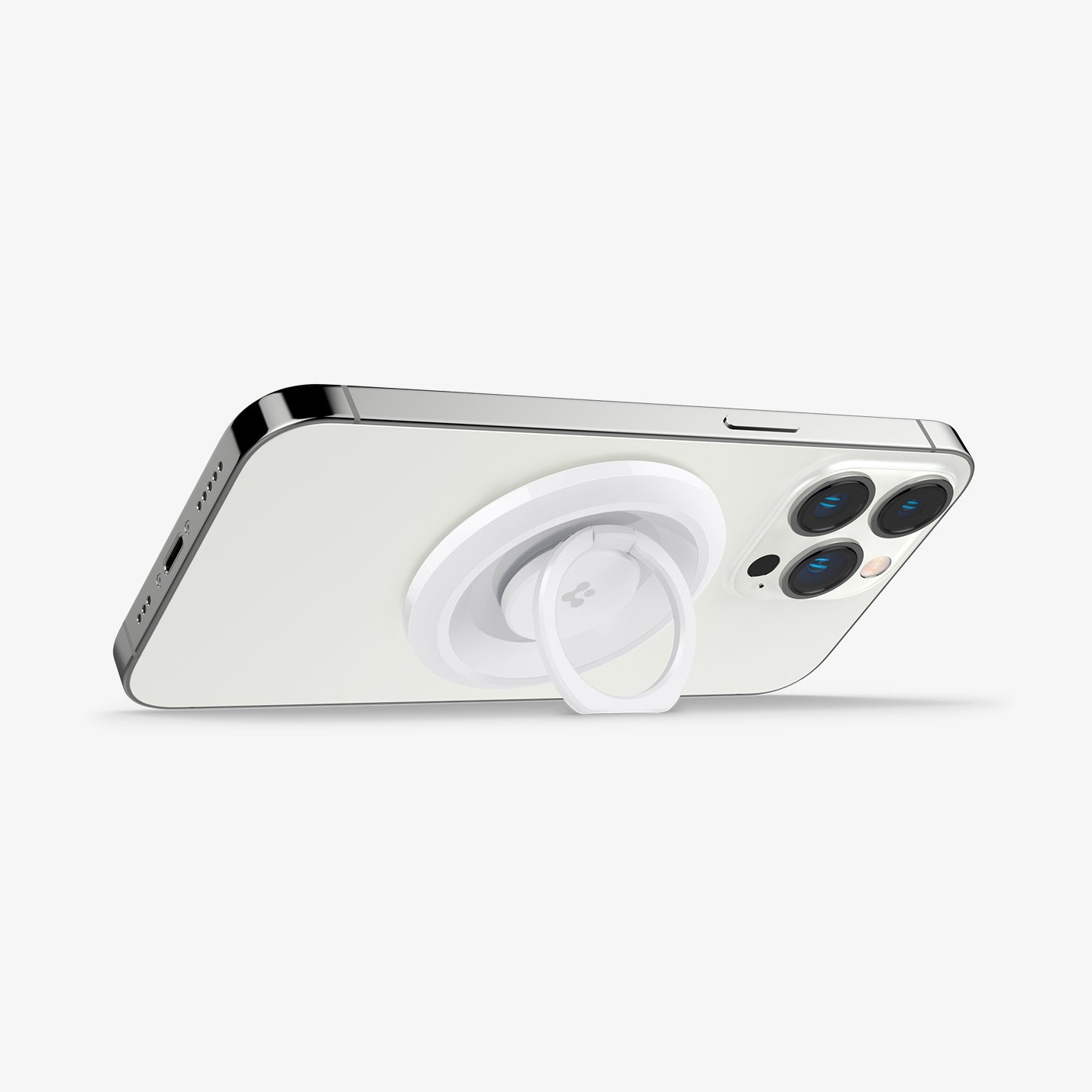AMP05303 - O-Mag Magnetic Phone Holder (MagFit) in white showing the device being propped up horizontally by built in kickstand