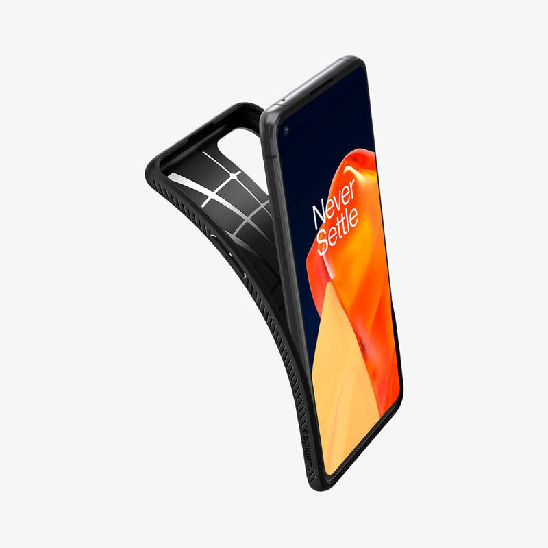 ACS02764 - OnePlus 9R Liquid Air Case in Matte Black showing the front of device, partial side with the case partially peeled from behind showing partial inner case