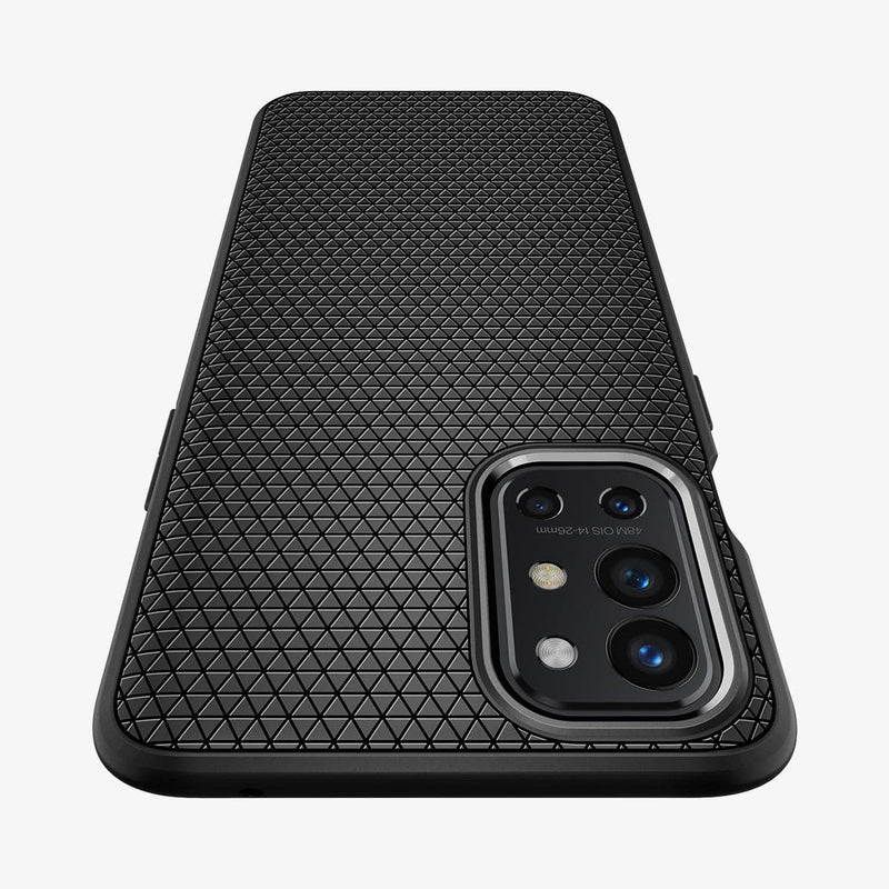 ACS02764 - OnePlus 9R Liquid Air Case in Matte Black showing the back, partial top and camera zoomed in