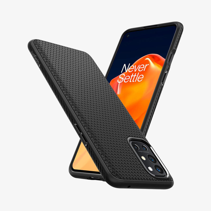 ACS02764 - OnePlus 9R Liquid Air Case in Matte Black showing the back, partial side, next to it showing front and partial side