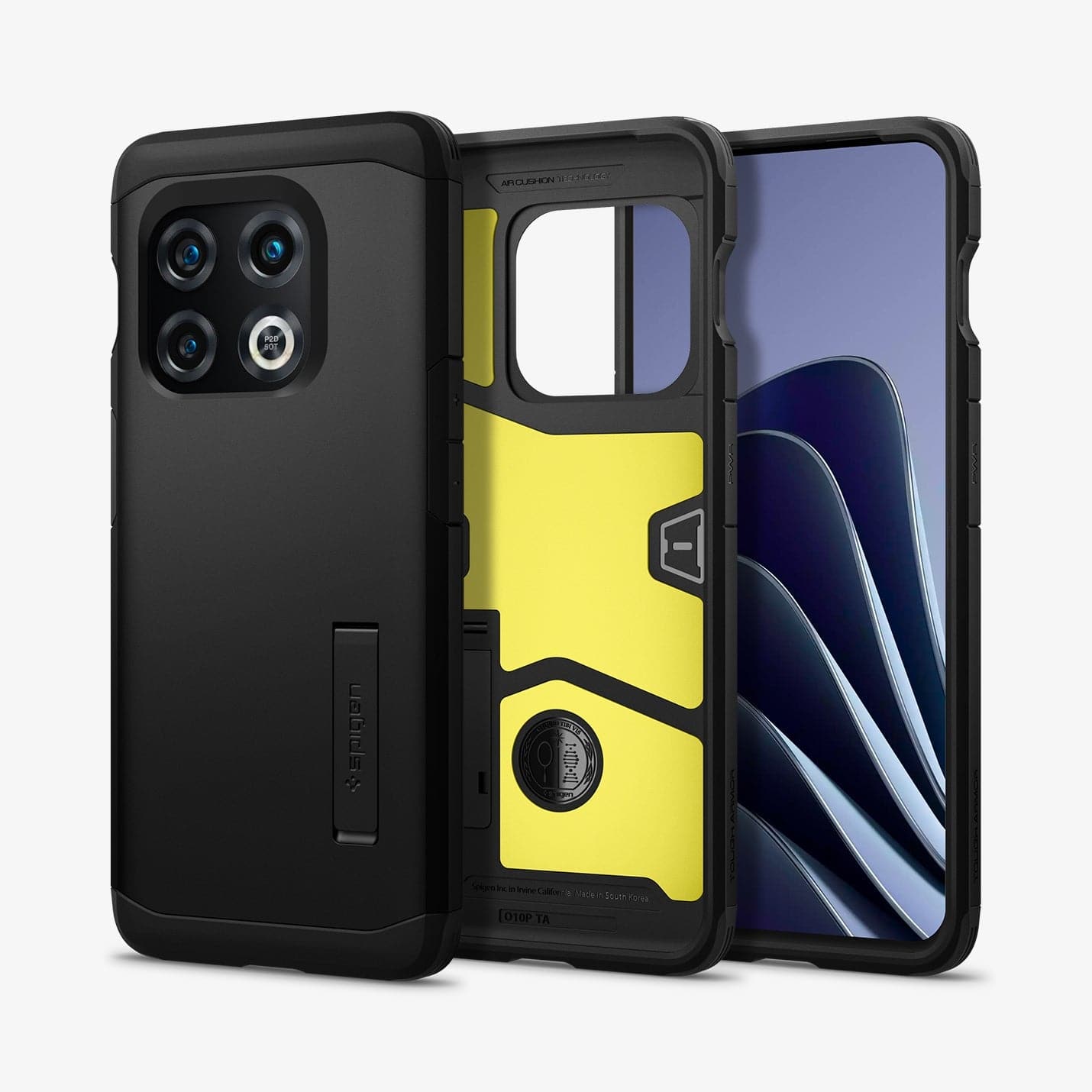 ACS04432 - OnePlus 10 Pro Tough Armor Case in Black showing the back, inner case with impact foam, front and partial sides paralleled with each other