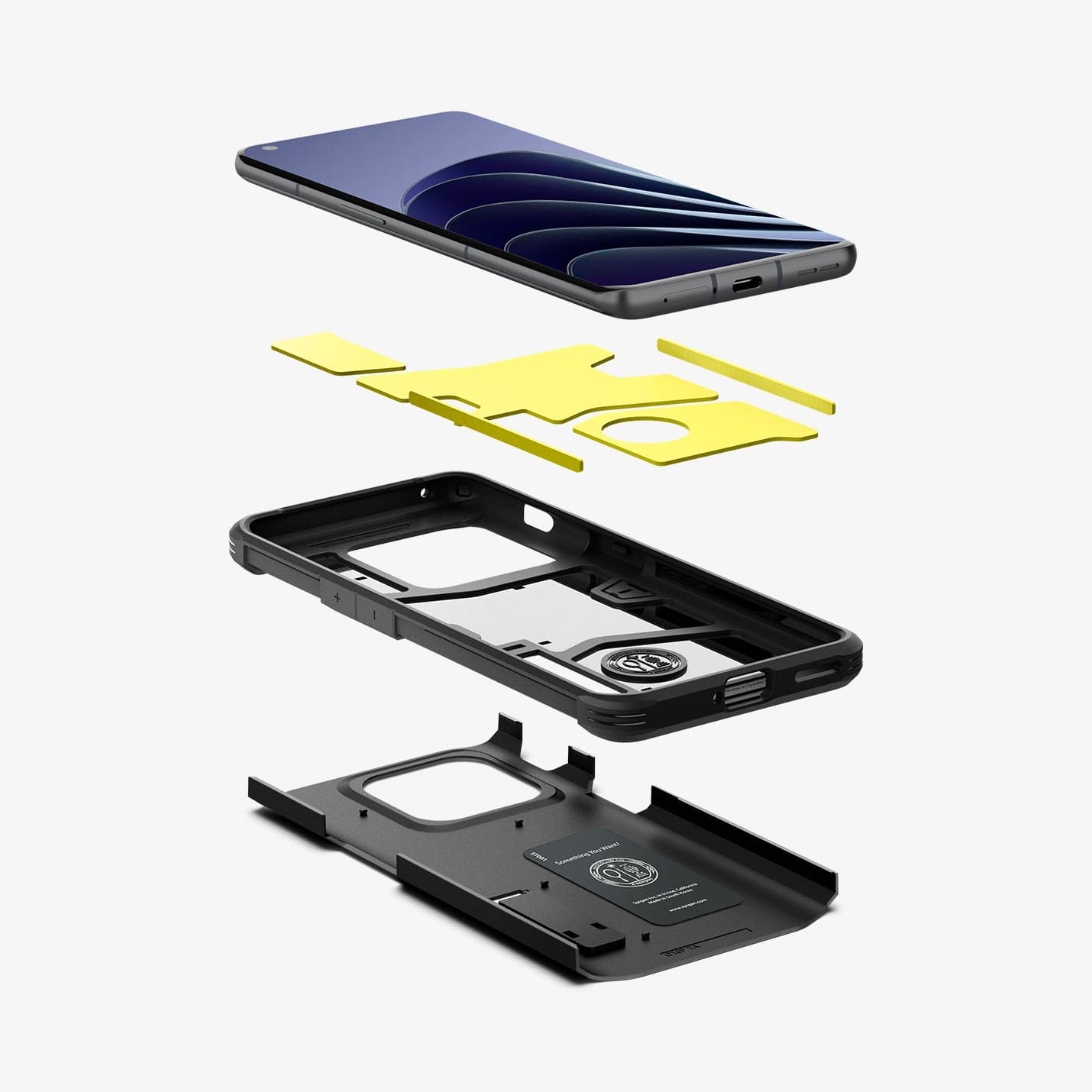 ACS04432 - OnePlus 10 Pro Tough Armor Case in Black showing the front of device hovering below the impact foam, and back of 2 layered cases