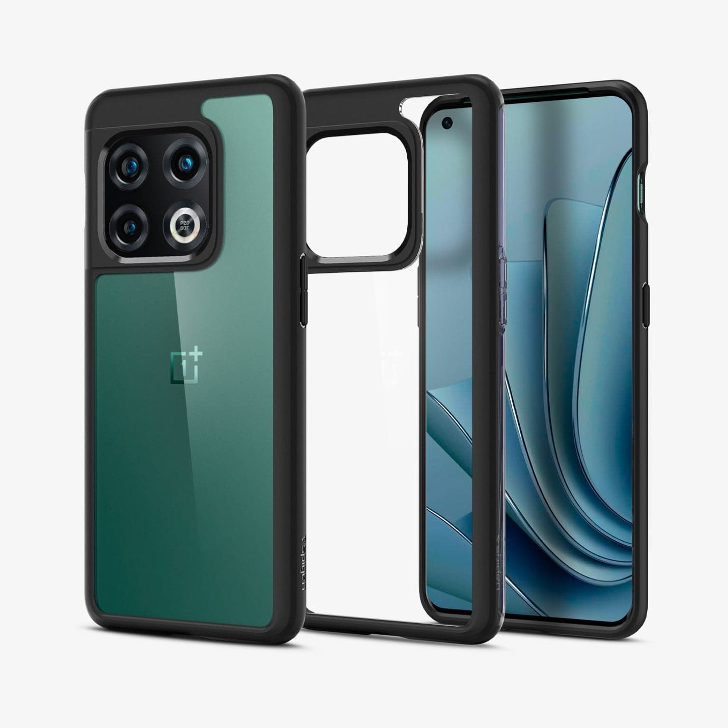 ACS04429 - OnePlus 10 Pro Ultra Hybrid Case in Black showing the back, frame of the case, front of device and partial sides paralleled with each other