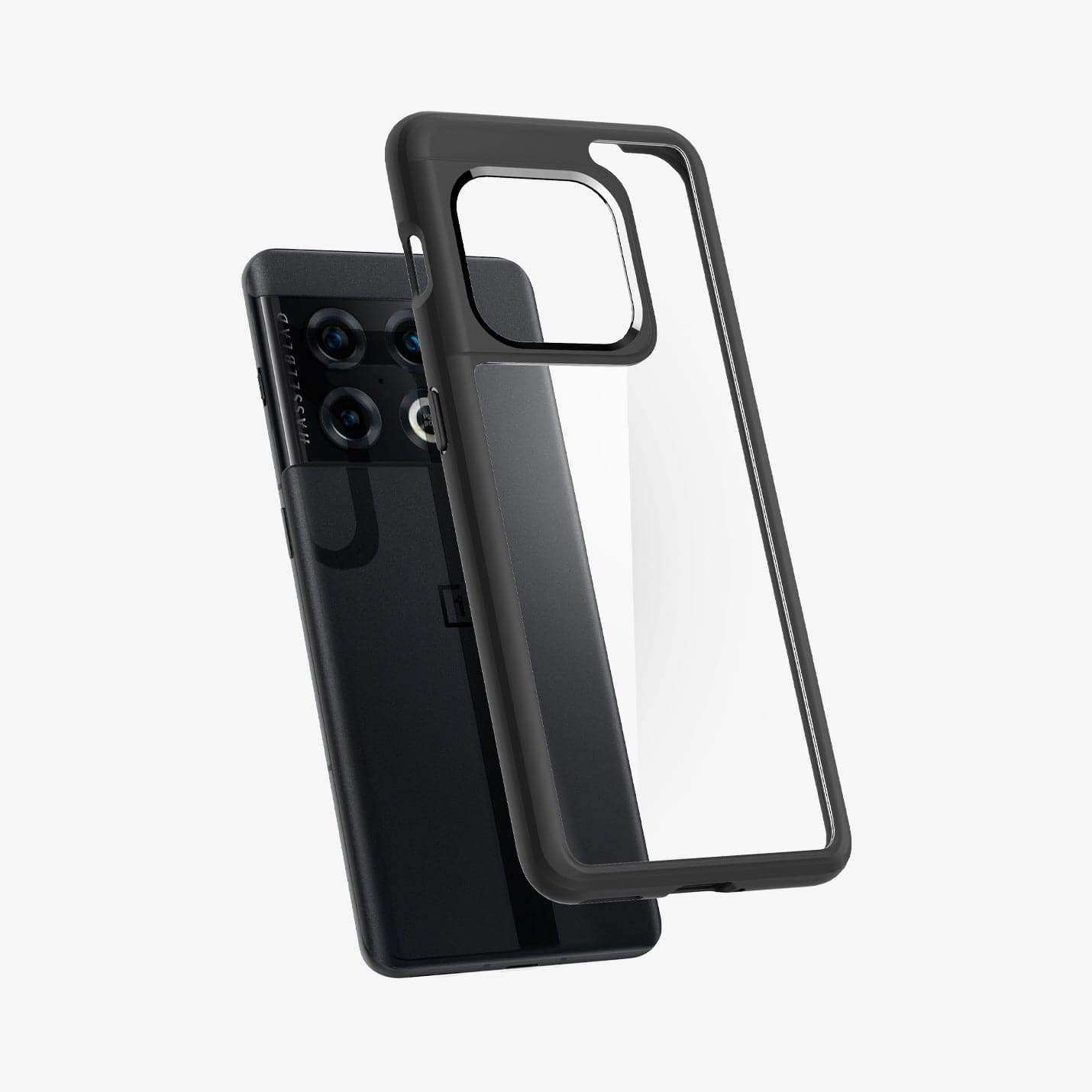 ACS04429 - OnePlus 10 Pro Ultra Hybrid Case in Black showing the transparent back case with black frame hovering in front of device