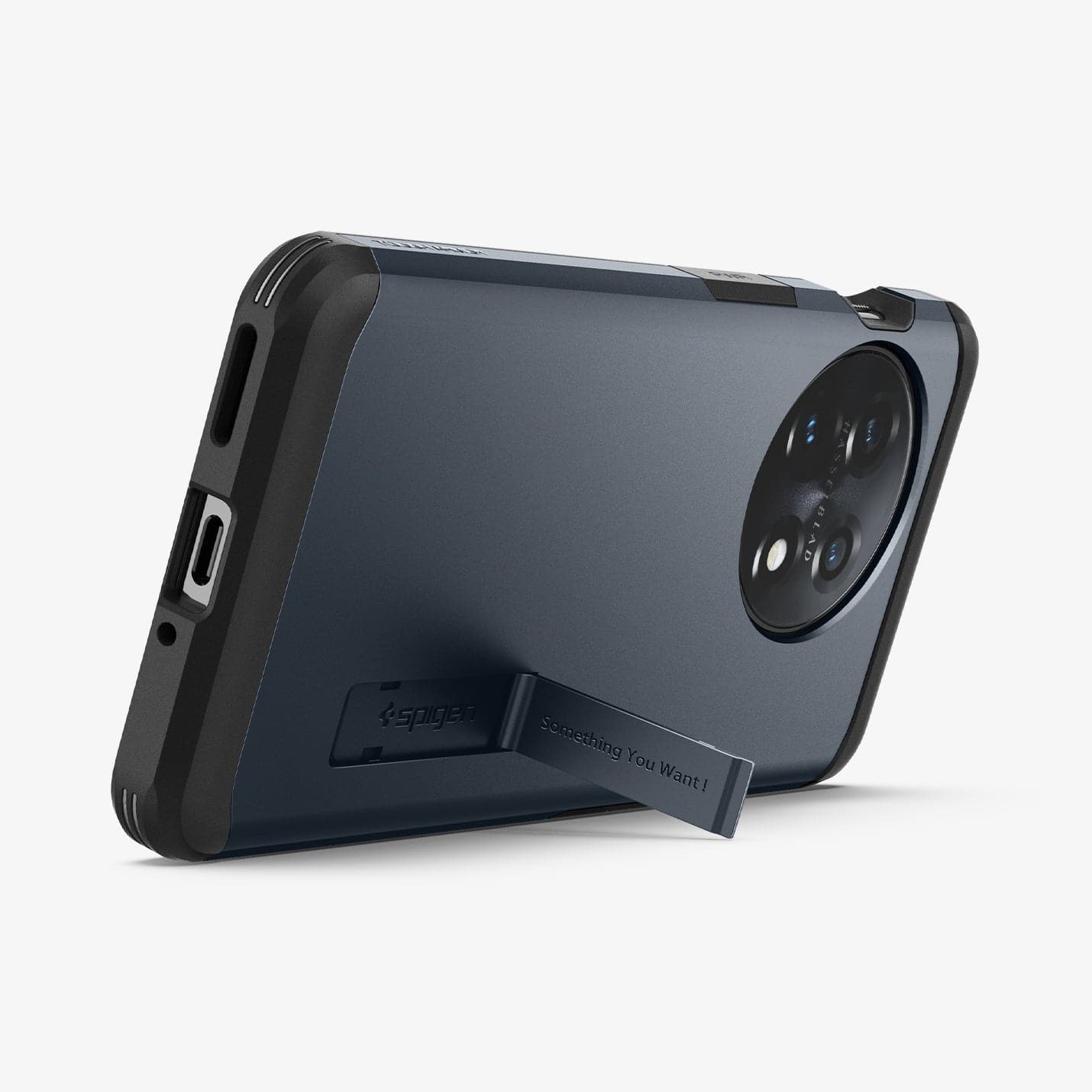 ACS05801 - OnePlus 11 Series Tough Armor Case in Metal Slate showing back partial bottom zoomed in with built-in kickstand propped up