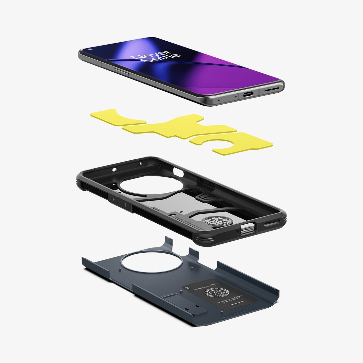 ACS05801 - OnePlus 11 Series Tough Armor Case in Metal Slate showing the device hovering above the impact foam and 2 layered back cases