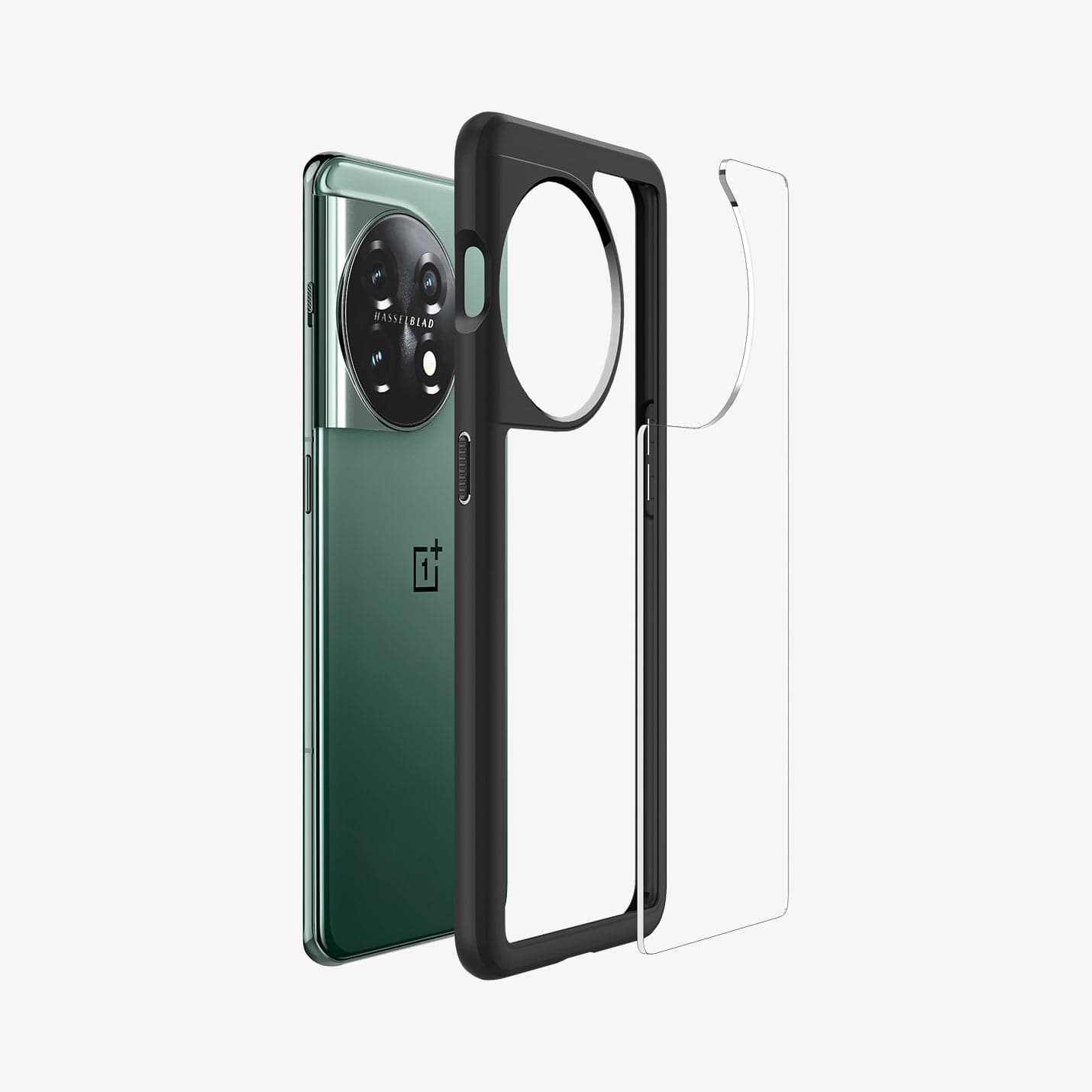 ACS05803 - OnePlus 11 Series Ultra Hybrid Case in Matte Black showing the transparent back case detached from the frame paralleled with the device