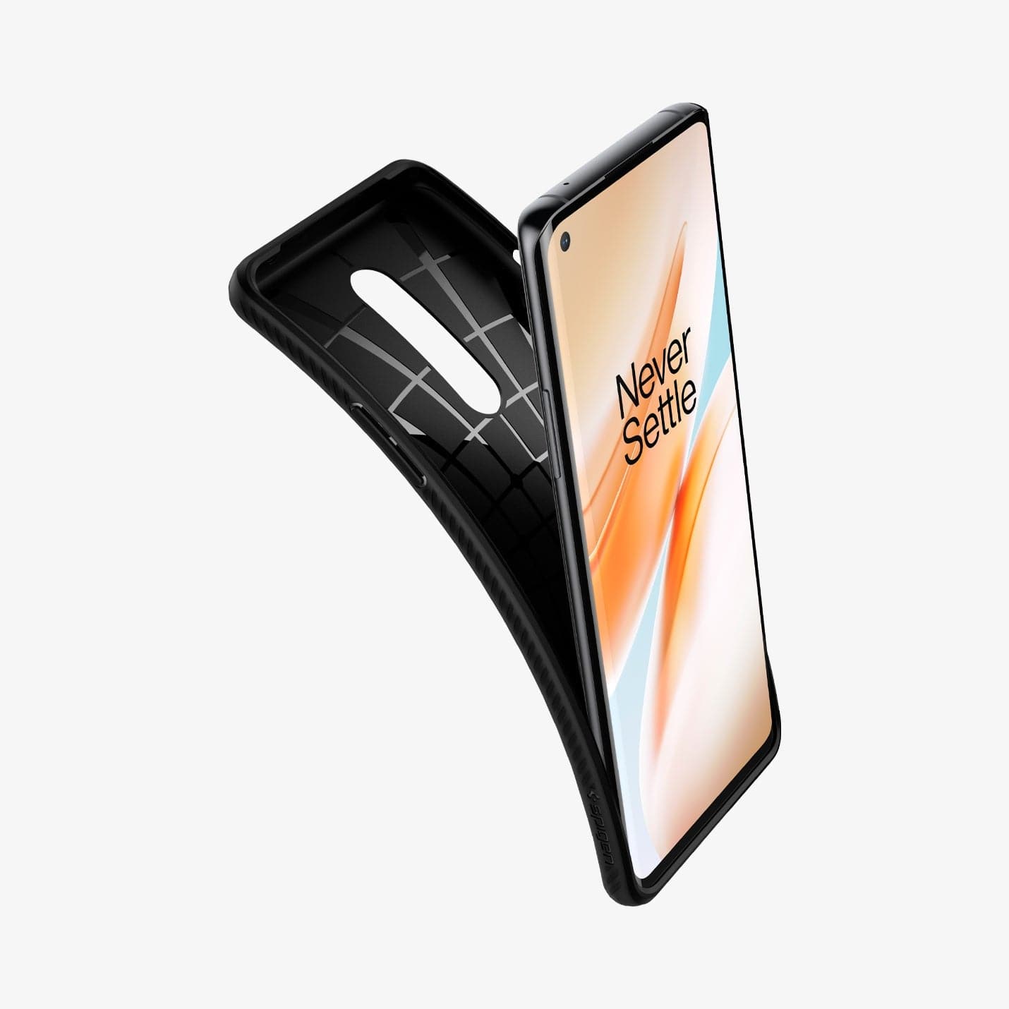 ACS00827 - OnePlus 8 Liquid Air Case in Matte Black showing the front of device, partial side with the case partially peeled from behind showing partial inner case