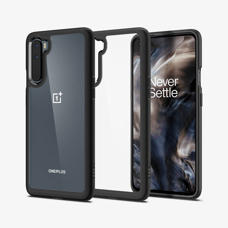 ACS00991 - OnePlus Nord Ultra Hybrid Case in Matte Black showing the back, in between, a transparent case with black frame and a device showing front